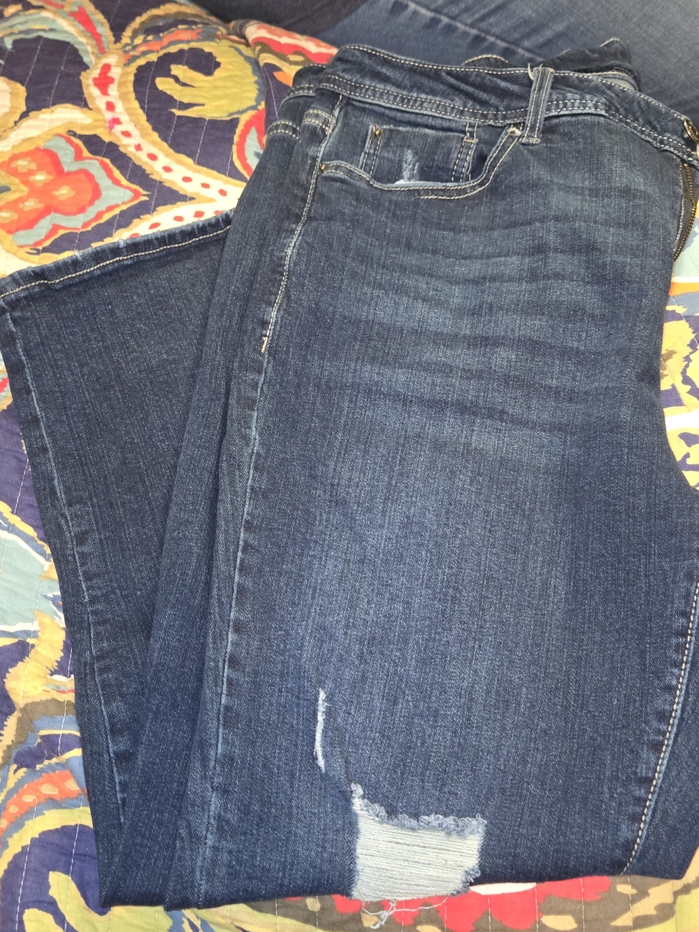 Terra & Sky Dark Blue Boot Cut Jeans with Distressed Detail